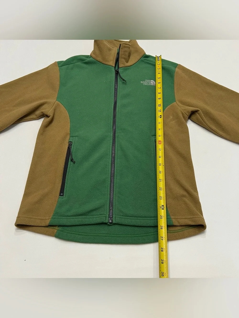 The North Face Full Zip Fleece Sweater Green Tan Color Block Men's Size Small